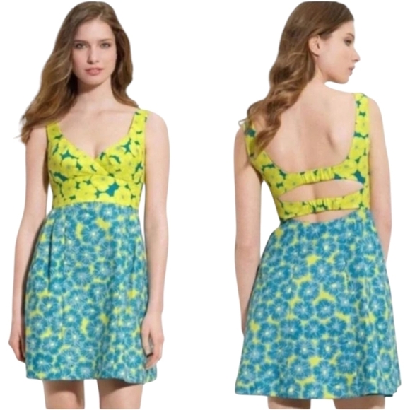 Floral Print Yellow/Blue Cut Out Back Babydoll Party Mini Dress Sz 6 - Picture 1 of 12